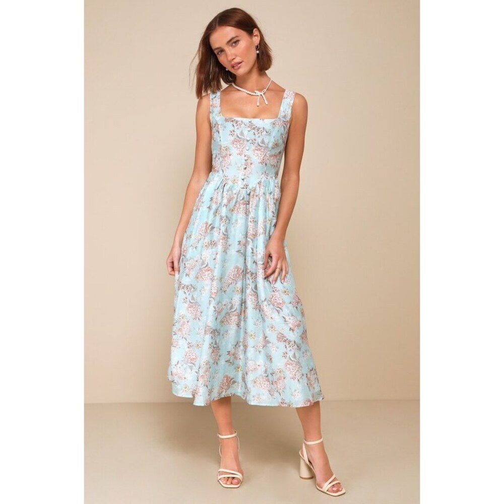 Lulus Darling Adoration Light Blue Floral Midi Dress With Pockets - Size Su